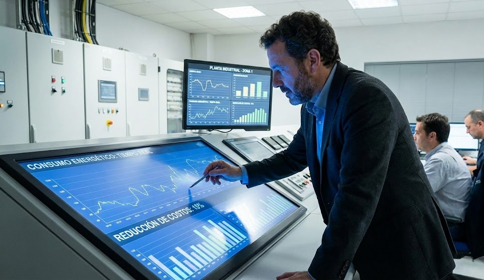 Director financiero analiza panel de control moderno con gráficos de consumo energético en tiempo real, pantallas digitales mostrando reducción de costos en instalación industrial, ambiente profesional con iluminación azul tecnológica