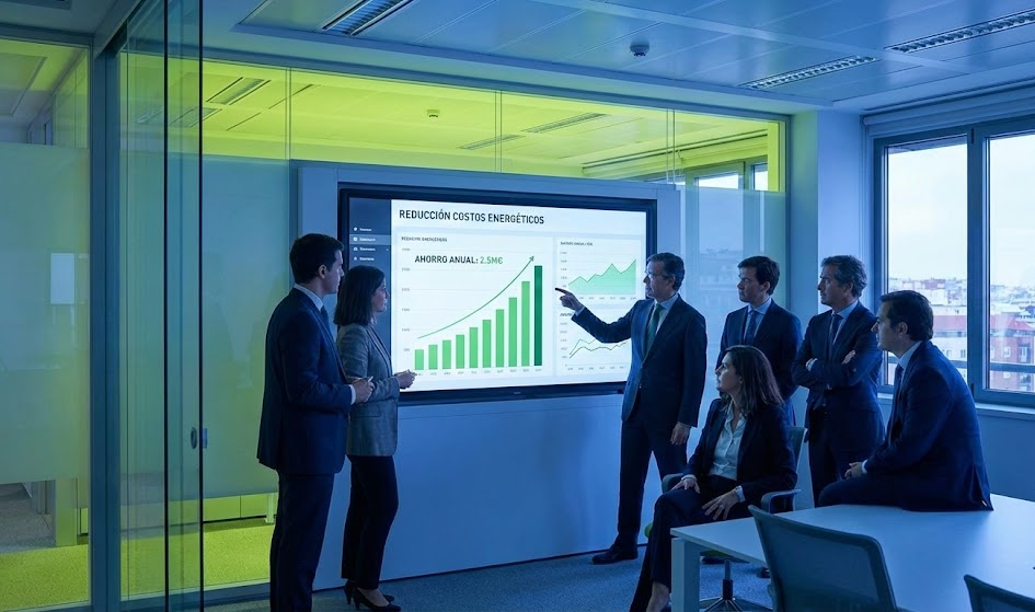 Sala de juntas moderna con directores financieros observando dashboard interactivo en pantalla grande, gráficos de reducción de costos energéticos ascendentes, datos de ahorro presentados profesionalmente, ambiente corporativo con cristales y paneles de vidrio, iluminación ambiente azul y verde lima